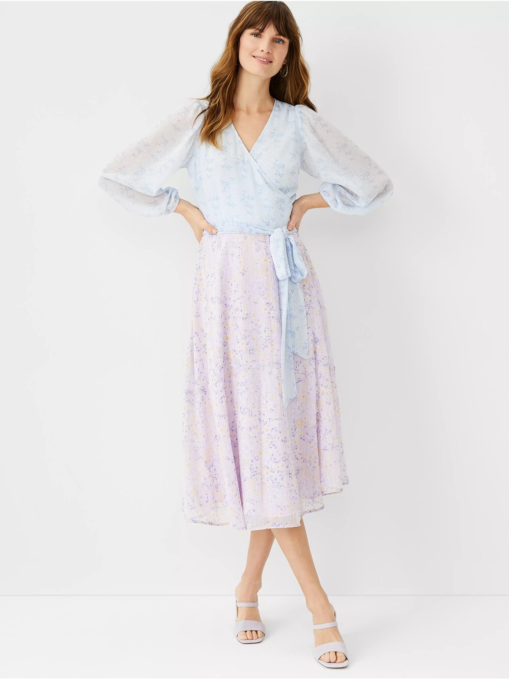 Ann Taylor Mixed Floral Wrap Dress Pastel Pink Blue 14P Petite Cottagecore Fairy